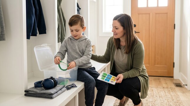 Parent and child organizing a sensory support kit at home