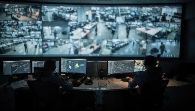 Surveillance room at night featuring a focused security staff managing alert notifications while wallsized video feeds remain out of focus behind.