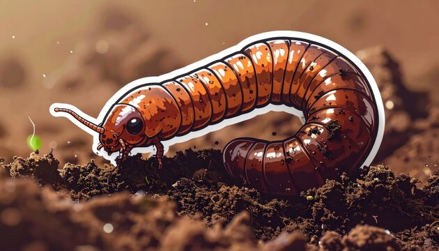 Close-up of a brown millipede crawling on dark soil with a tiny green sprout.