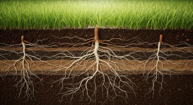 Intricate Root System Revealed in a Detailed Cross-Section of Stratified Soil Beneath Lush Green Grass