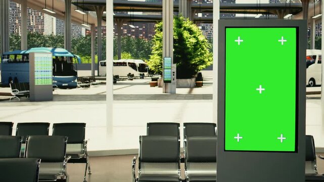 Green screen board in urban bus station hall with empty seats, departure time screen for modern transportation. Public transit terminal with highway bus service for commute and travel route.