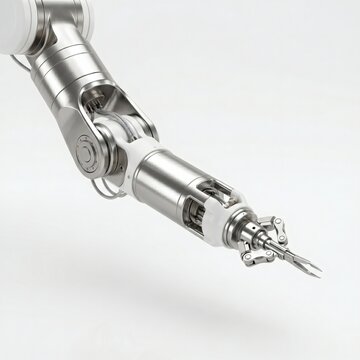 A modern, metallic robotic arm with a precision tool end effector against a clean white background.