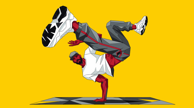 Breakdancing Performer Showcasing a Stylized Freeze Move on a Vibrant Yellow Background Ideal for Urban Culture Designs