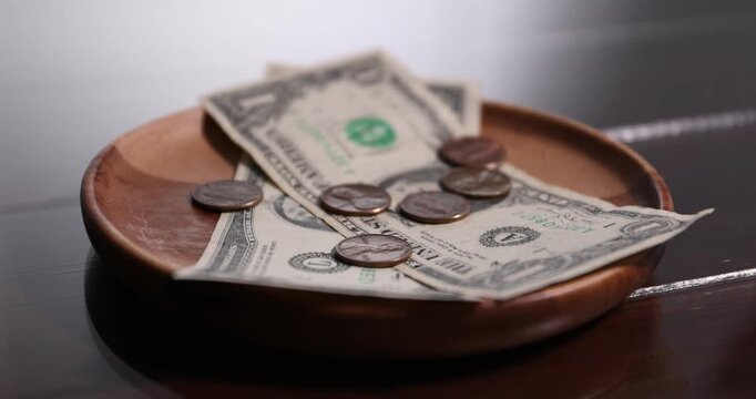 Tips on presenter at wooden table, closeup