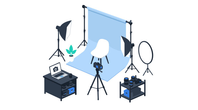 Photography studio lighting setup with backdrop and equipment.
