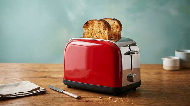 A shiny red toaster with two slices of golden-brown toast popping up, set against a light blue wall background on a wooden table