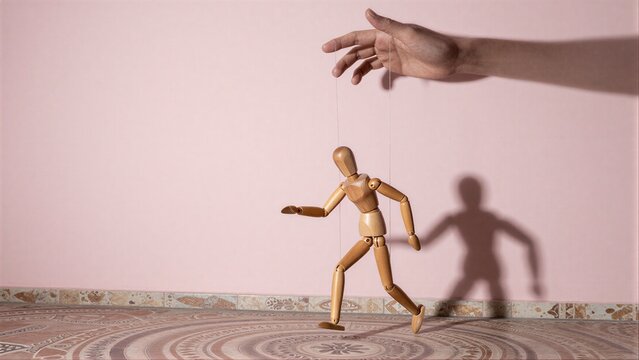Wooden puppet walked by hand casting shadow on pink wall.