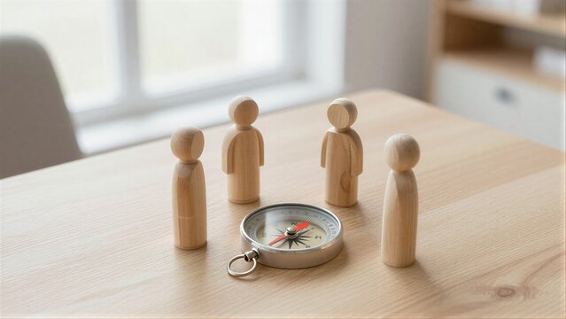 Four wooden figures gather around a compass on a table symbolizing