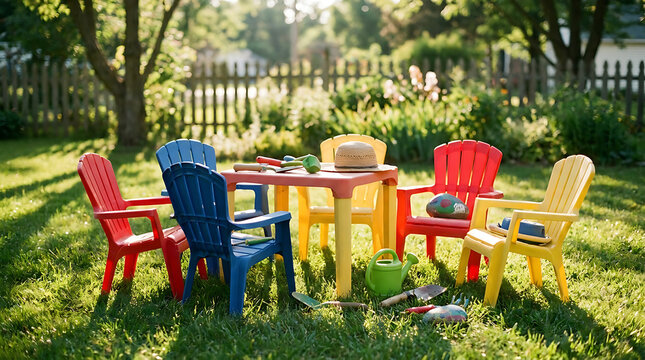 Colorful Childrens Plastic Table and Chairs Set Arranged on Green Grass in a Sunny Garden Backyard