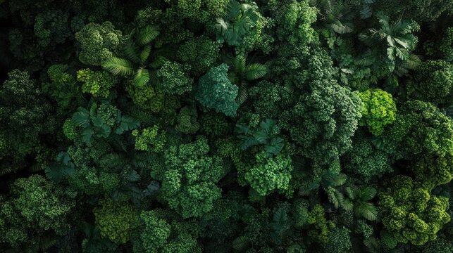 aerial view of dense lush green forest canopy with diverse treetops and dappled light conveying tranquil vibrant abundance