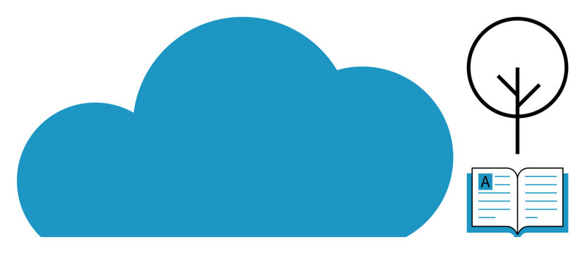 Cloud computing, digital learning, sustainability, online education, digital storage, eco-conscious development. Features a cloud symbol, an open book and a tree-shaped icon. Cloud computing