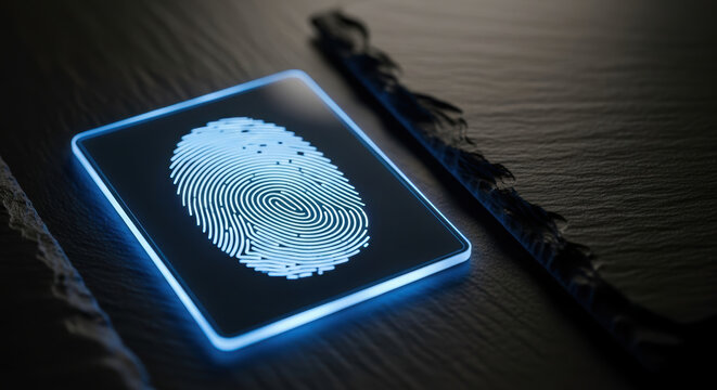 Fingerprint data privacy concerns concept with glowing biometric scanner on dark surface