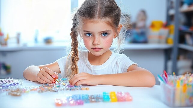 young girl with braided hair in a white t-shirt concentrating and calm while making colorful bead bracelets at a bright craft table in a playful room