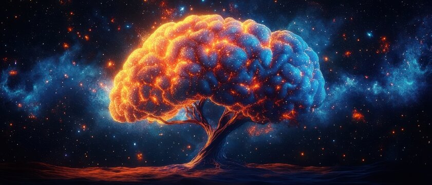Glowing brain-shaped tree split into fiery orange and cool blue, set against a starry galaxy and nebula sky with embers drifting above a barren ground, evoking awe and wonder
