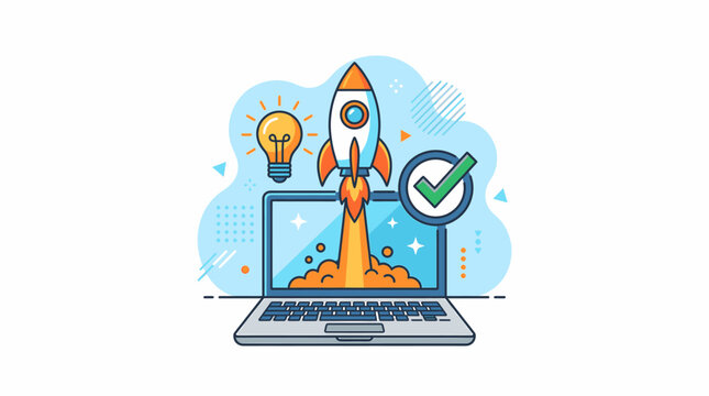 Digital Startup Launch Success with Rocket on Laptop and Light Bulb Idea