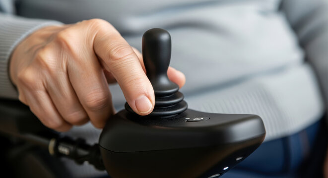 Senior person using support technology joystick for wheelchair control with focus on hand and device in close up view