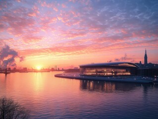Fototapeta premium serene sunrise over a modern glass waterfront pavilion with a curved roof, glowing windows and reflections on calm water, silhouetted city skyline and cranes under a vibrant pink-orange cloudscape