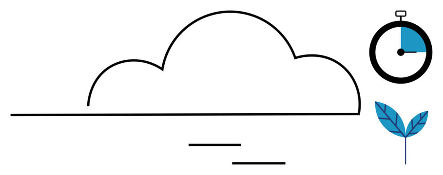 Cloud storage, technology, data management, environment, digital innovation, time efficiency. Minimalist cloud drawing with stopwatch and leaf element. Cloud storage and technology concept