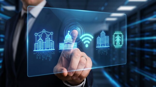 Interactive holographic display showing smart city management and government online platforms accessed by a human hand