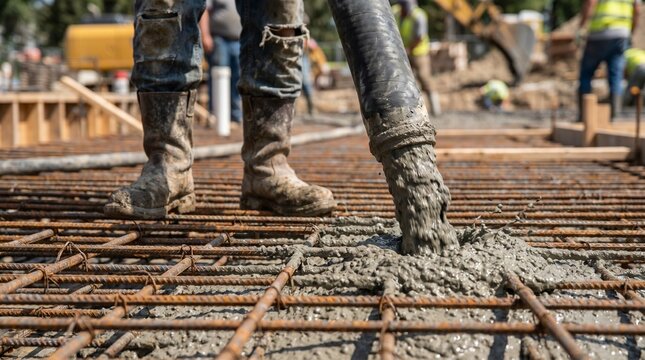 Construction worker pouring wet concrete from a pump hose onto a steel rebar mesh foundation at a building site