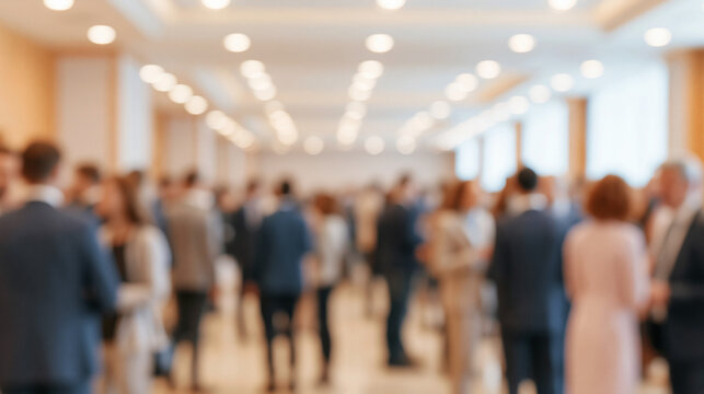 Blurry image of a large group of people mingling inside a well-lit hall, possibly at a conference or event, with indistinct figures and warm ambient lighting