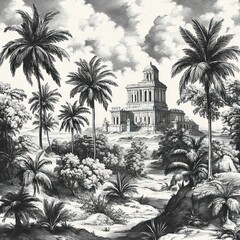 Naklejka premium Majestic domed classical building on a hill surrounded by tall palm trees and lush tropical foliage beneath dramatic cloudy skies, serene and mysterious