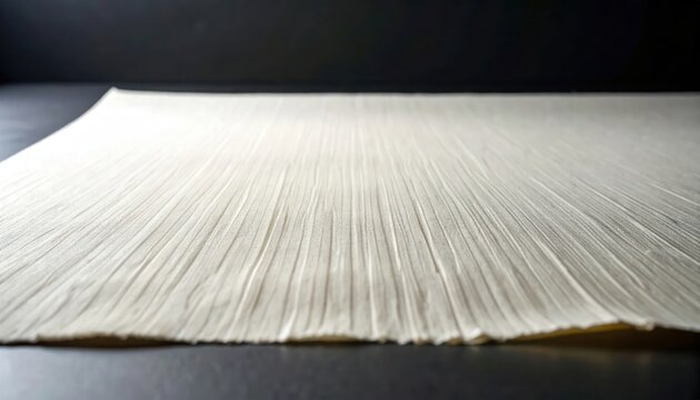 Close-up of a delicate, textured, off-white fabric with fine vertical pleats.