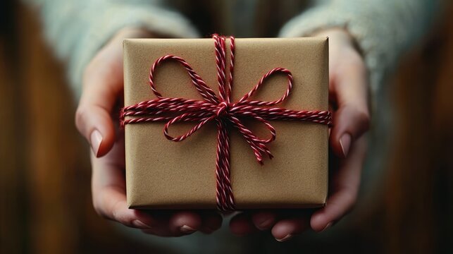 Hands offering a small kraft paper gift wrapped with red and white twine and bow, soft sweater sleeves and blurred warm background conveying generosity and surprise