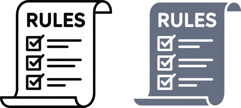 Two styles of a document scroll featuring the word rules and a checklist with three marked checkboxes for compliance and regulation concepts on white