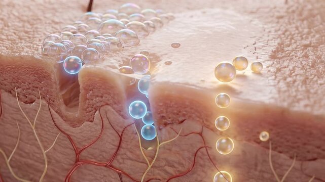 Microscopic skincare showing human pores by cleansing bubbles, active ingredients absorbing deeply, smooth skin texture, dermatology treatment concept, 4K video