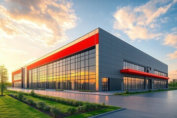 Fototapeta premium modern industrial glass and metal building with red accents at sunset, reflective windows, landscaped lawn and calm golden-hour light