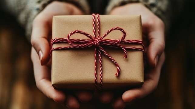 close-up of hands offering a small gift wrapped in brown kraft paper tied with red and white twine, conveying warmth and generosity