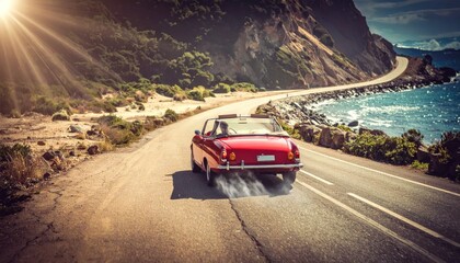 Red Convertible Car Driving on Coastal Road.