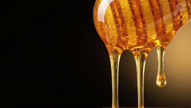 Golden honey dripping from honey dipper