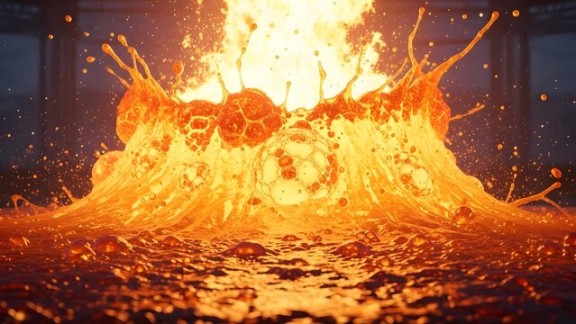 Fiery explosion with molten liquid and floating spherical objects, dynamic motion blur effect
