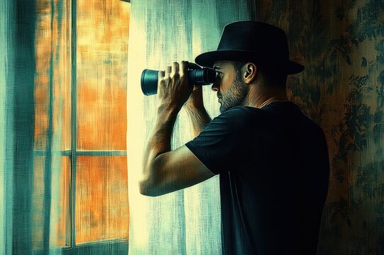 silhouetted man in a hat peers through binoculars at a glowing window behind sheer curtains, tense and watchful atmosphere