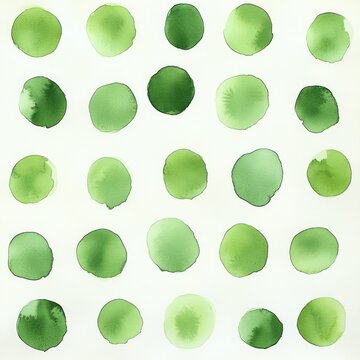 Twenty-five green watercolor circles arranged in a tidy 5x5 grid on a white background, varied washes and soft edges creating a calm, fresh, playful minimalist pattern