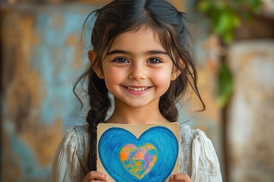 young girl with braided hair wearing a white blouse and gray pinafore holds a handmade cardboard sign painted with a large blue heart and colorful inner heart conveying tenderness and hope
