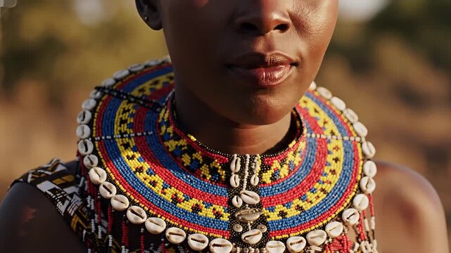 Close up of a Maasai woman wearing traditional beaded necklace and attire.