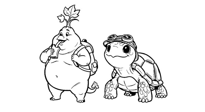 Traveling vegetable and turtle explorer cartoon characters