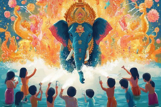Majestic ornate blue elephant emerging from luminous floral flames above crashing waves while an awestruck crowd in the water raises phones and celebrates