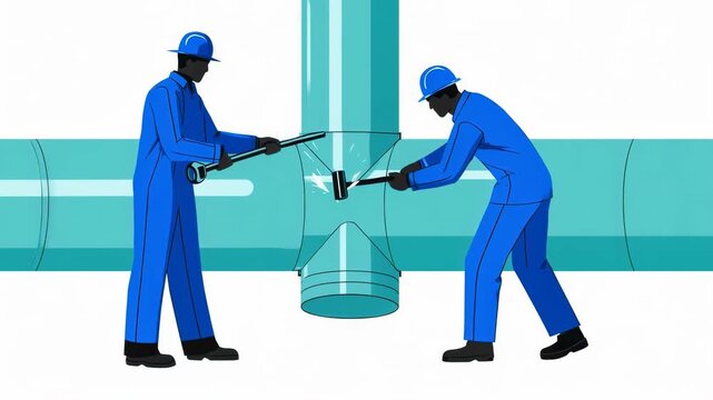 Two industrial workers repairing large pipeline system illustration
