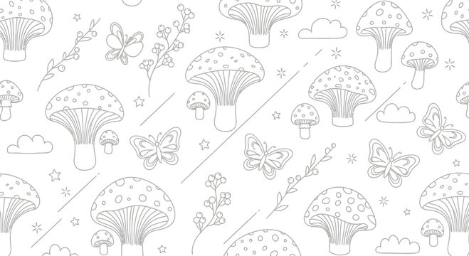 Monochrome whimsical mushroom and butterfly pattern design vector illustration