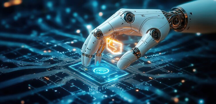 Futuristic robotic hand delicately touching a glowing microchip on a circuit board with a holographic orange cube, evoking precision and curious innovation