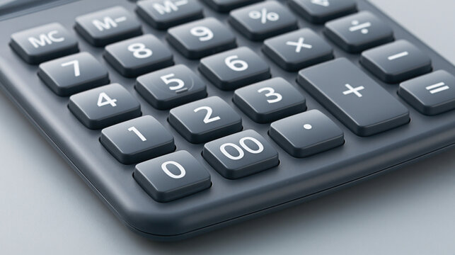 Close-up of a modern grey calculator with clear buttons displaying numbers and symbols, highlighting mathematical precision