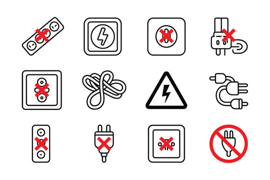 Electrical safety warning icons illustrating hazards including overloaded sockets, tangled cables, damaged plugs minimalist flat design for electrical danger and prohibition signage applications