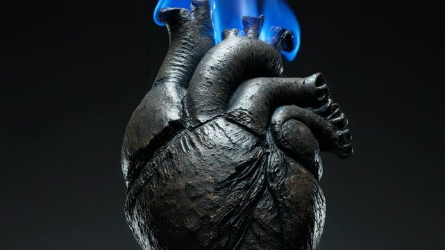 Anatomy of Human Heart Model in Flames, Burning Dark Heart concept
