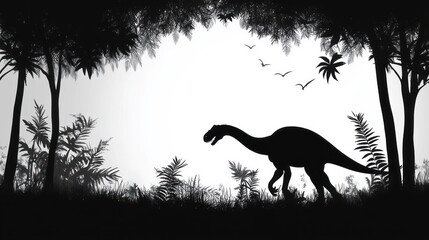 Fototapeta premium silhouette of a long-neck dinosaur walking through a dense prehistoric forest clearing with ferns, palm trees and flying birds, calm and mysterious mood