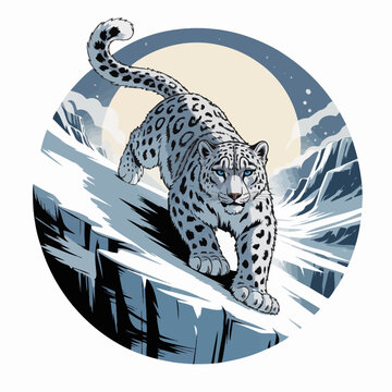 Snow leopard in snowy mountain landscape.