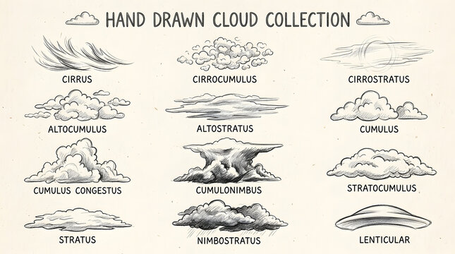 Hand-drawn collection of various cloud types and their scientific classifications for weather and atmospheric studies